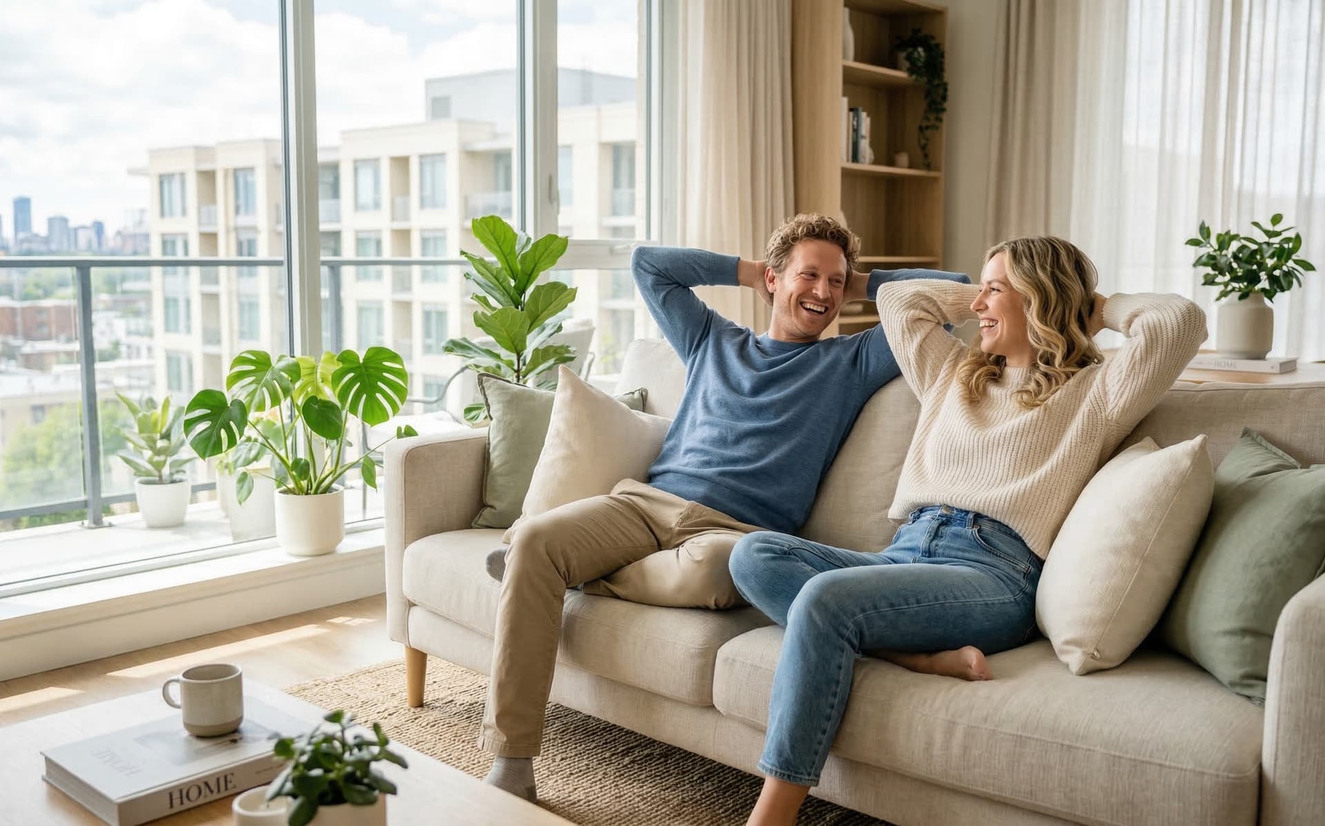 Casal descontraído no seu apartamento com vista para o condomínio